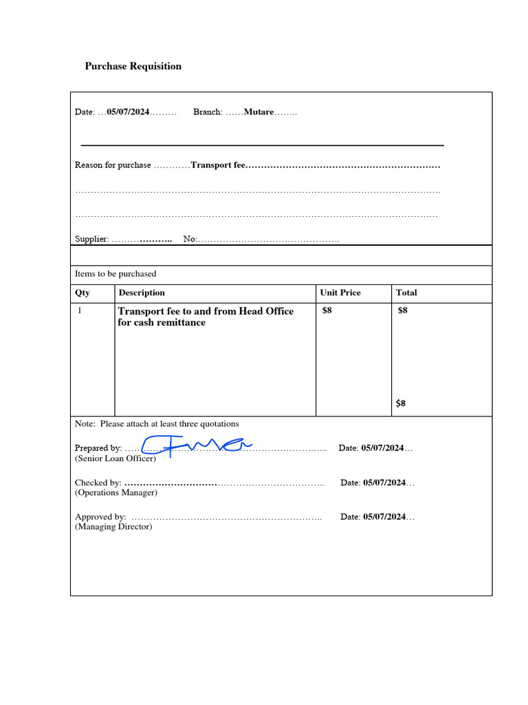 Requisition For Transport Fee | PDF