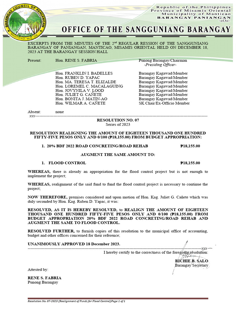 Flood Control Fund Realignment Resolution | PDF