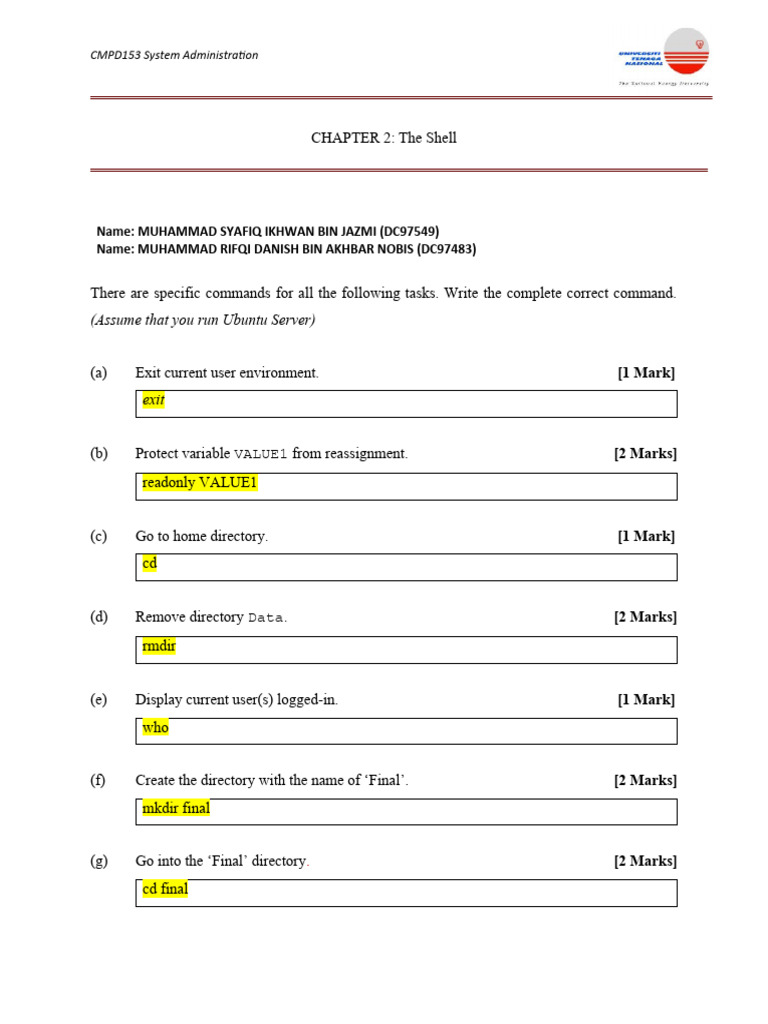 Chapter 2 - The Shell (Exercise) ANSWER | PDF | File Transfer Protocol ...