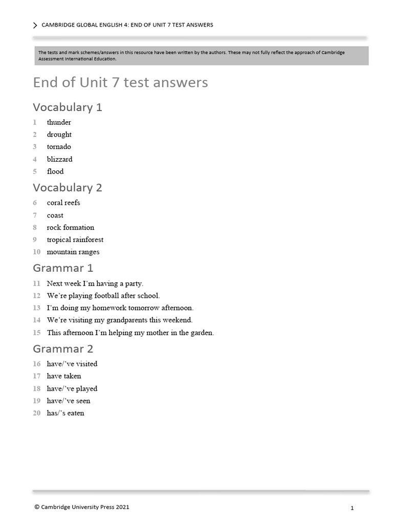 Cambridge English 4 Unit 7 Test Answers | PDF | Science & Mathematics
