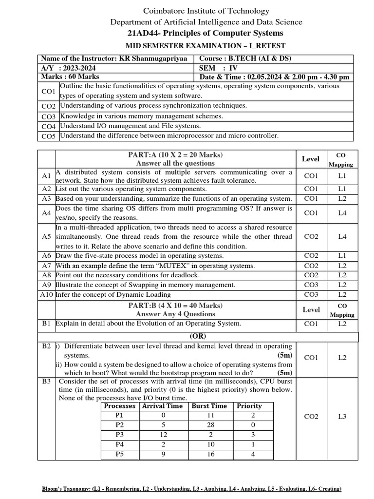 Coimbatore AI & DS Computer Systems Exam | PDF | Operating System ...