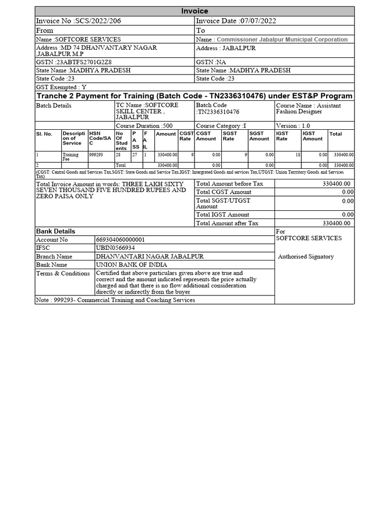 Invoice for Training Services in Jabalpur | PDF | Economies | Public ...