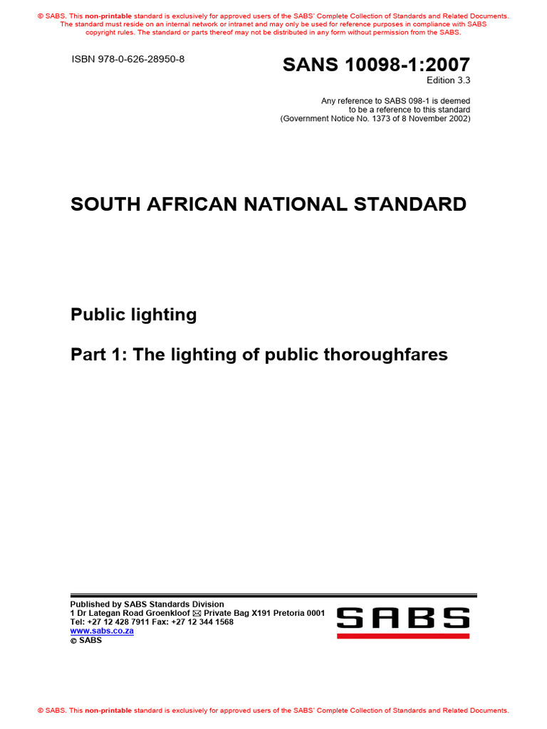 SANS 10098-1: Public Lighting Standards | PDF | Lighting | Light