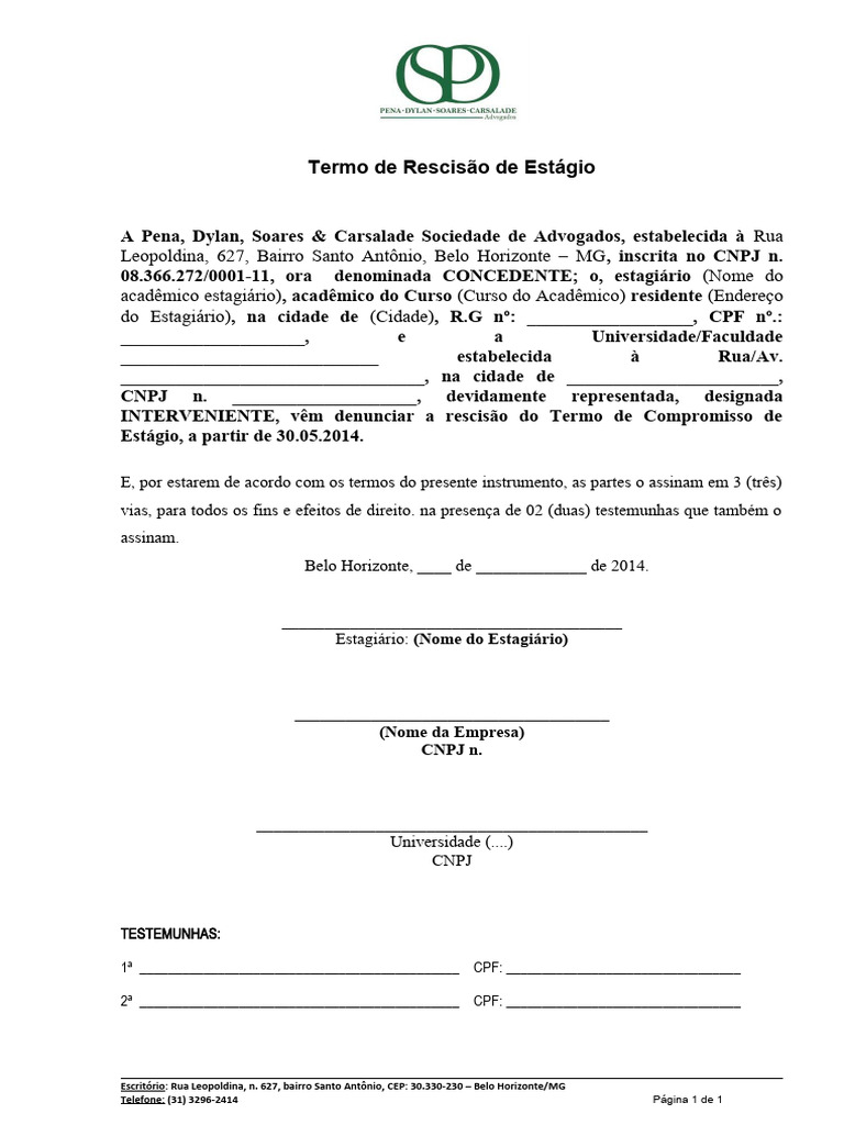 MODELO - Termo de rescisão de contrato de estágio | PDF