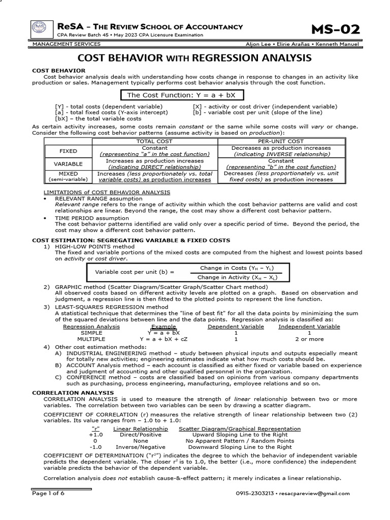 Cost Behavior Analysis & Regression Techniques | PDF | Linear ...