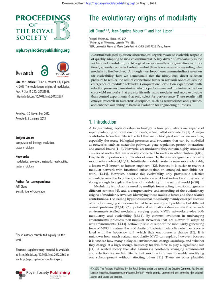 The Evolutionary Origins of Modularity | PDF | Evolution | Natural ...