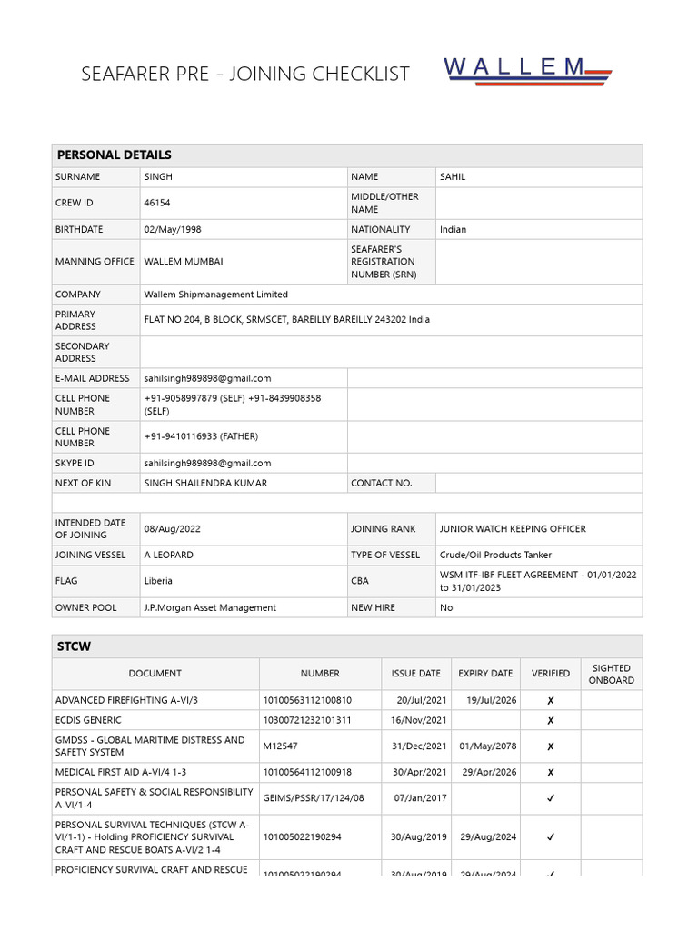 Wallem Compas Pre-Joining Checklist | PDF | Shipping