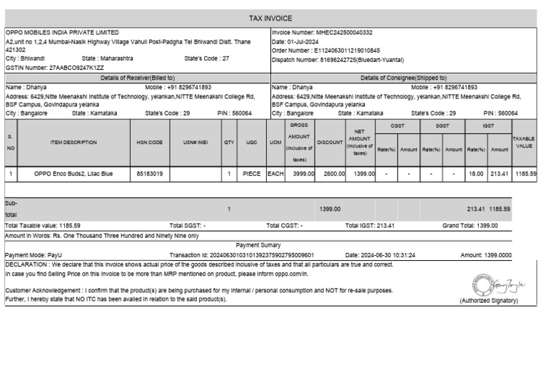 Invoice E1124063011219010845 | PDF | Invoice | Government Finances