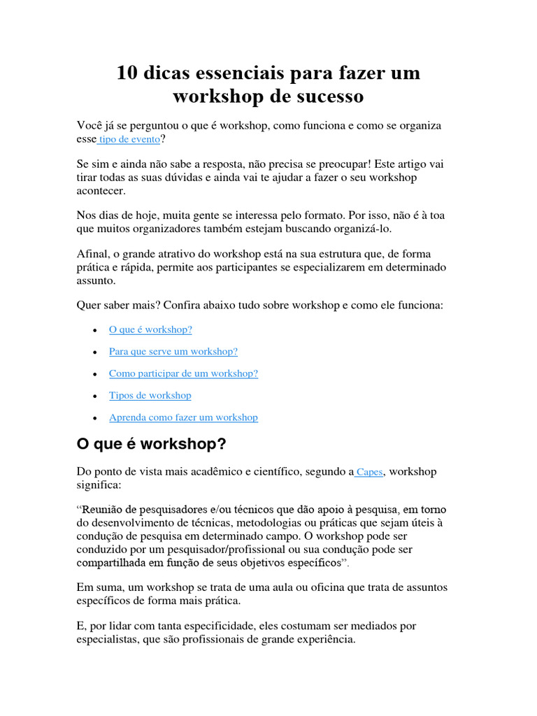 10 Dicas Essenciais para Fazer Um Workshop de Sucesso | PDF ...