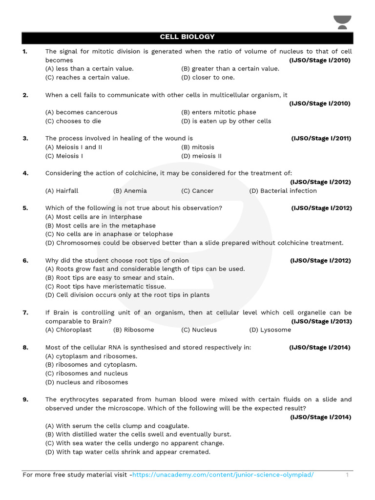 Cell Biology Exam Questions and Answers | PDF | Cell (Biology) | Mitosis
