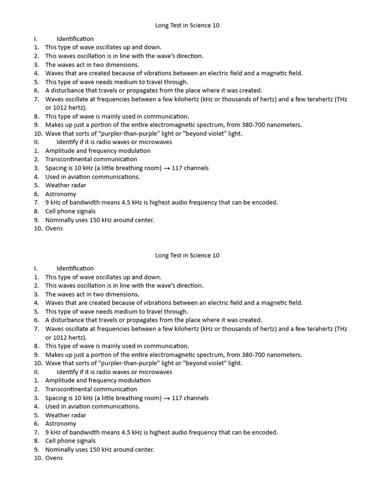 Long Test In Science 10 Pdf Hertz Waves