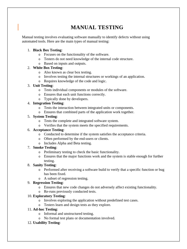 Types of Manual Software Testing Guide | PDF | Software Testing ...