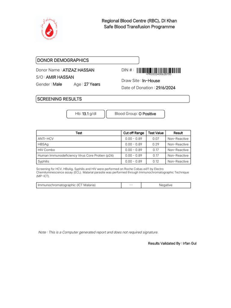 Regional Blood Centre (RBC), DI Khan Safe Blood Transfusion Programme | PDF