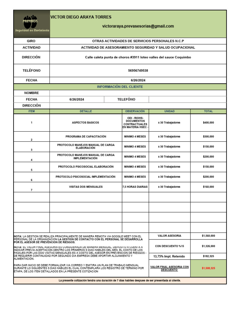 Cotización Asesoría en Seguridad Laboral | PDF