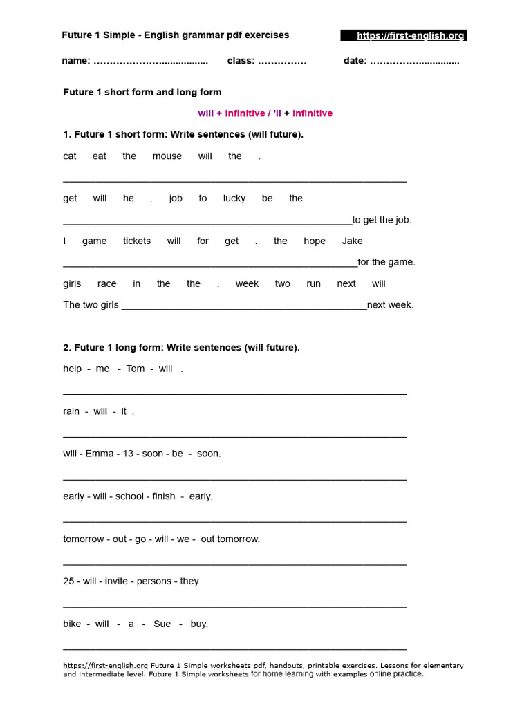 Future 1 simple will future short form pdf exercises pdf