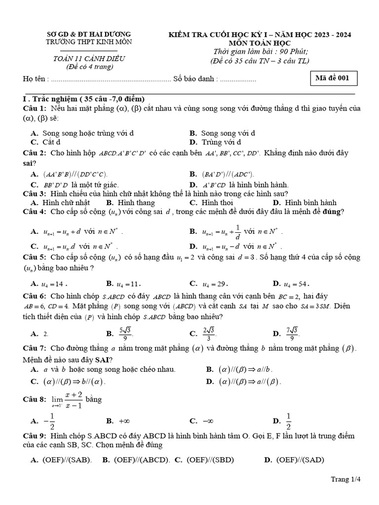 De Cuoi Hoc Ky 1 Toan 11 Nam 2023 2024 Truong THPT Kinh Mon Hai Duong | PDF