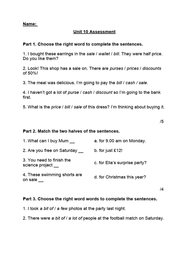 A2 Unit 10 English Assessment Test | PDF