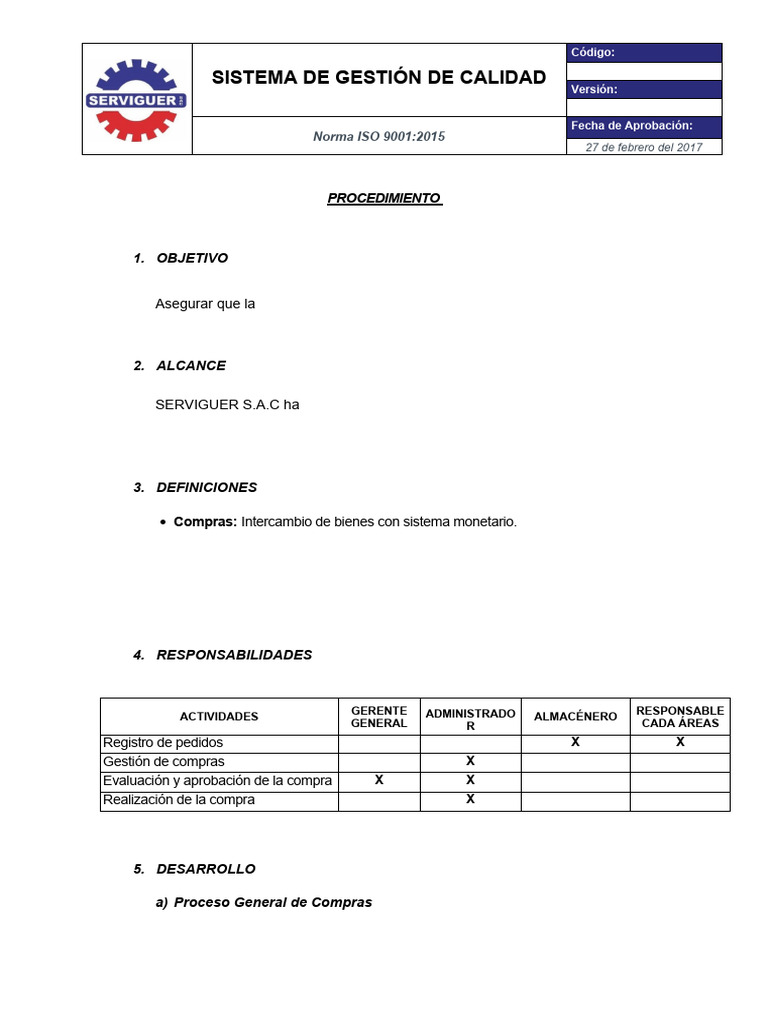 Procedimiento de Compras ISO 9001 | PDF | Sistema de manejo de calidad