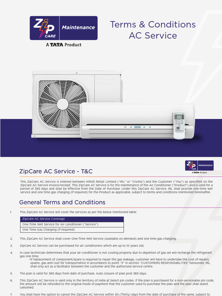 ZipCare AC Service - Terms Conditions drxf0f | PDF | Air Conditioning ...