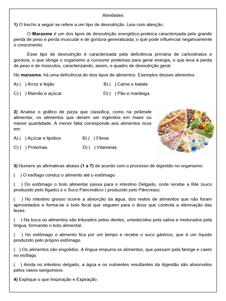 Atividades sobre Desnutrição e Nutrição | PDF | Estômago | Alimentos
