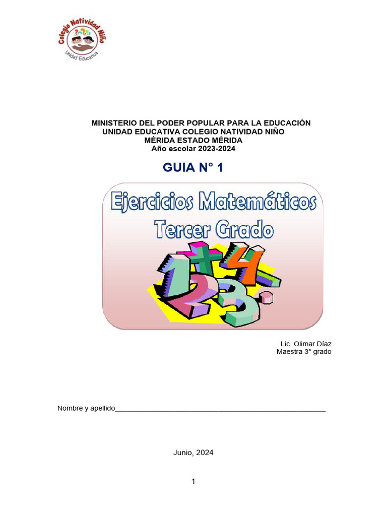 Guía de Ejercicios N° 1 Tercer Grado Sumas, Restas, Multiplicación y ...