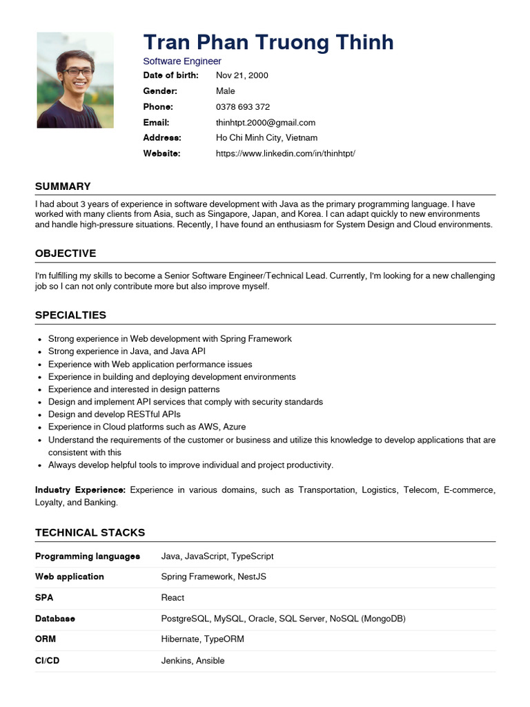 ThinhTPT CV 18072023 | PDF | Oracle Corporation | Java (Programming ...