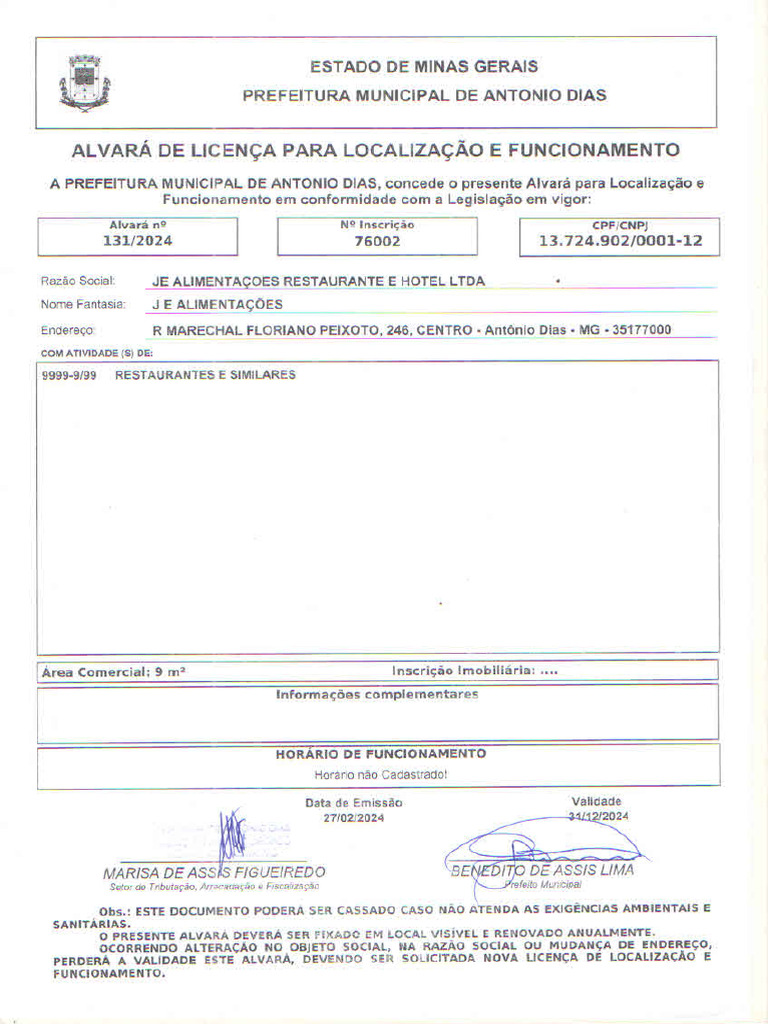 Alvará FUNCIONAMENTO JE ALIMENTAÇÕES 2024 | PDF