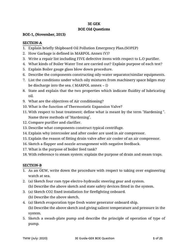 Marine Engineering BOE Questions Guide | PDF | Pump | Boiler