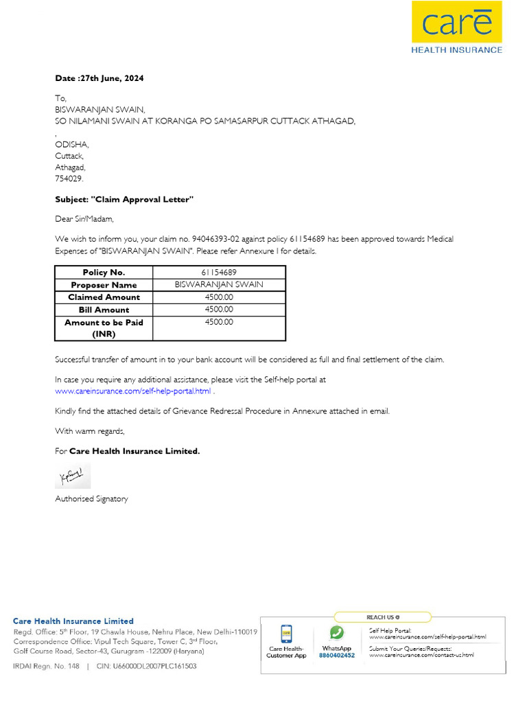 Reimbursement Approval Letter | PDF | Hospital | Deductible