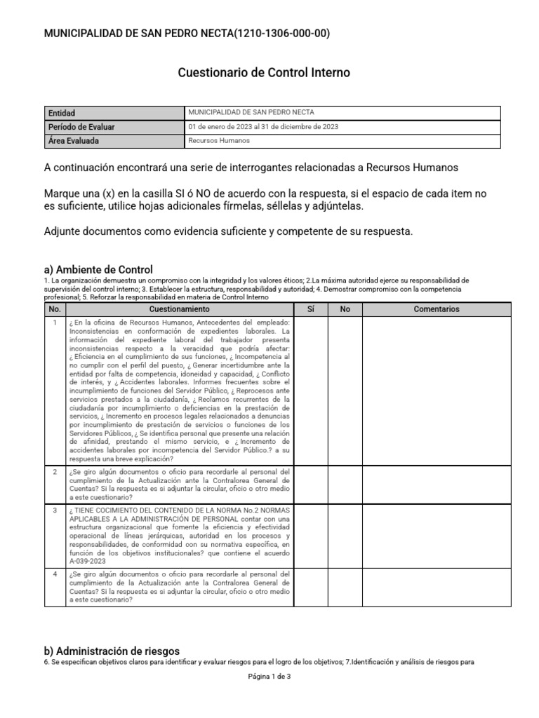 Cuestionario de Control Interno en Recursos Humanos | PDF | Gestión de ...
