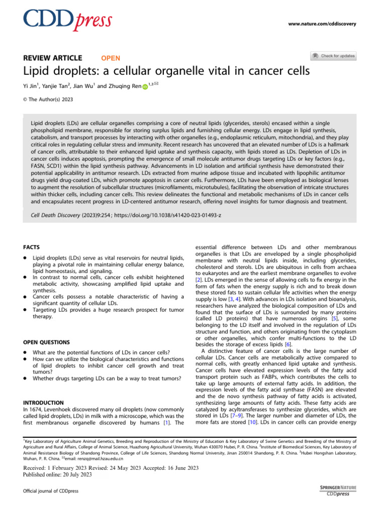 Role of Lipid Droplets in Cancer Cells | PDF | Lipid | Cell (Biology)