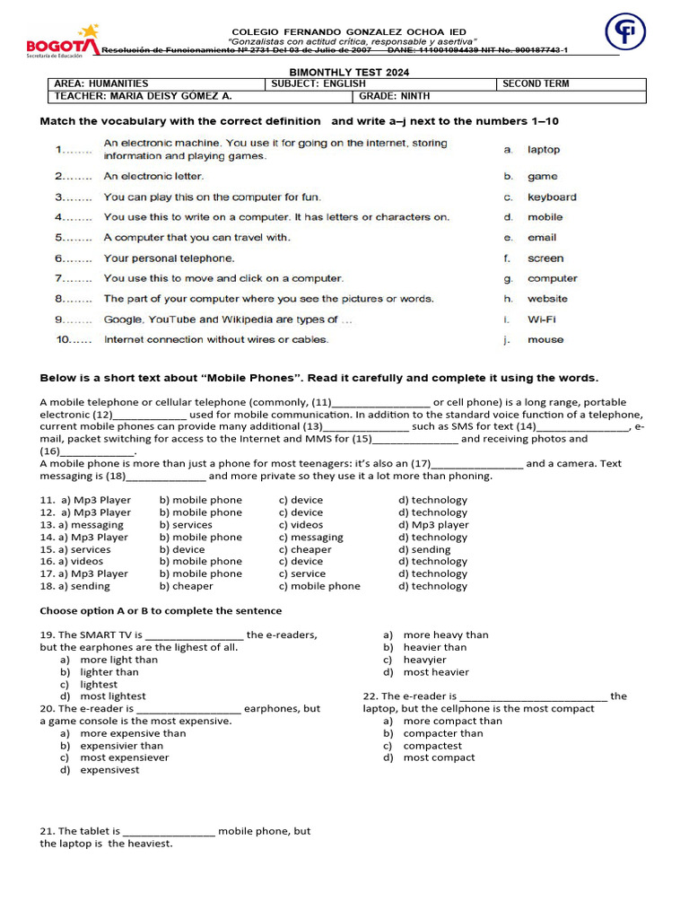 Bimonthly Test 9th II Term | PDF | Telephone | Mobile Phones