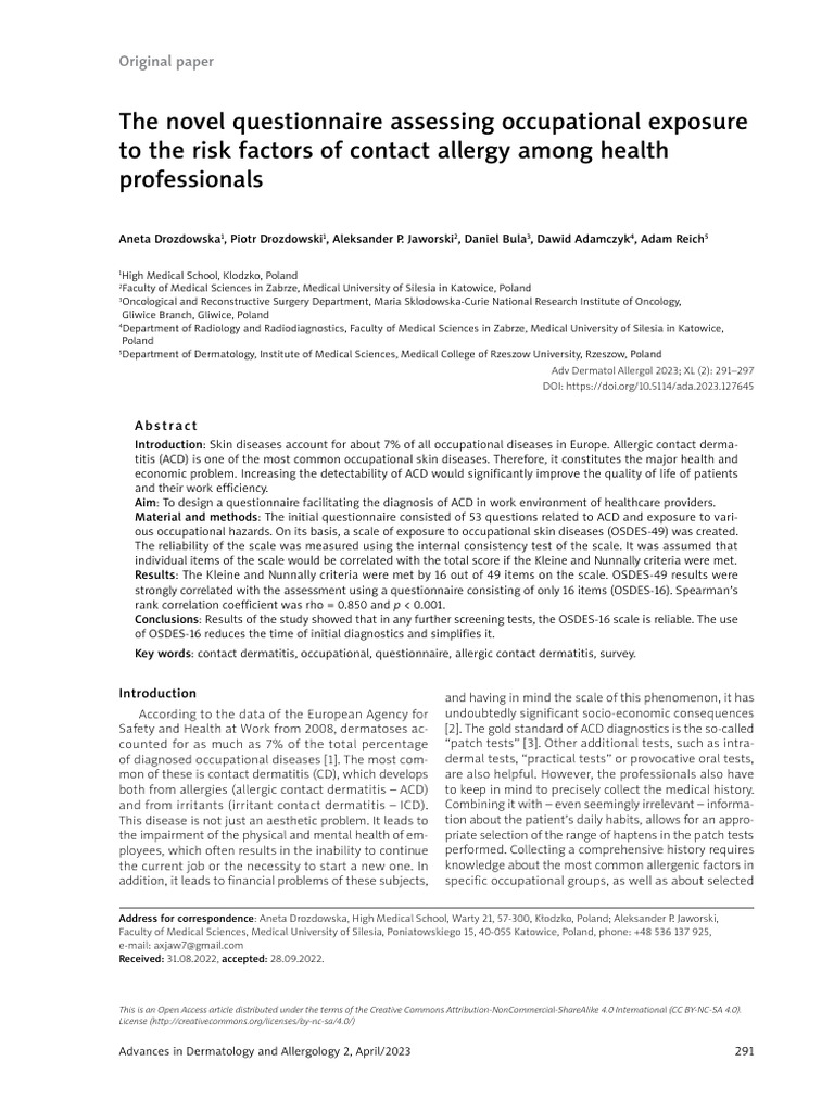 Occupational Allergy Risk Questionnaire | PDF | Allergy | Medicine