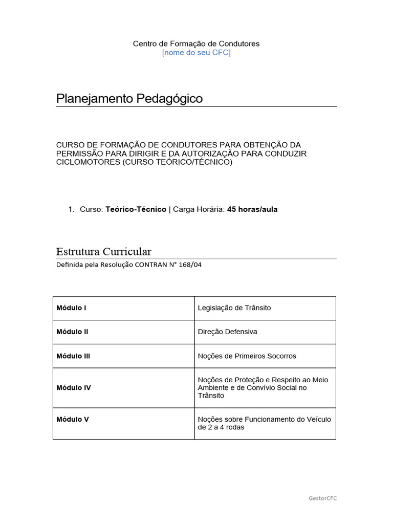 GestorCFC Modelo de Planejamento Pedagógico de Autoescola CFC | PDF ...