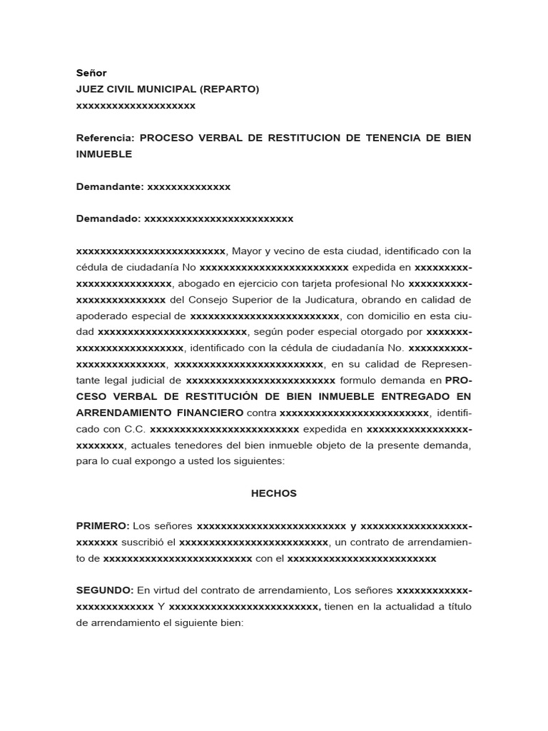 Restitucion de Bien Inmueble | PDF | Demanda judicial | Ley común
