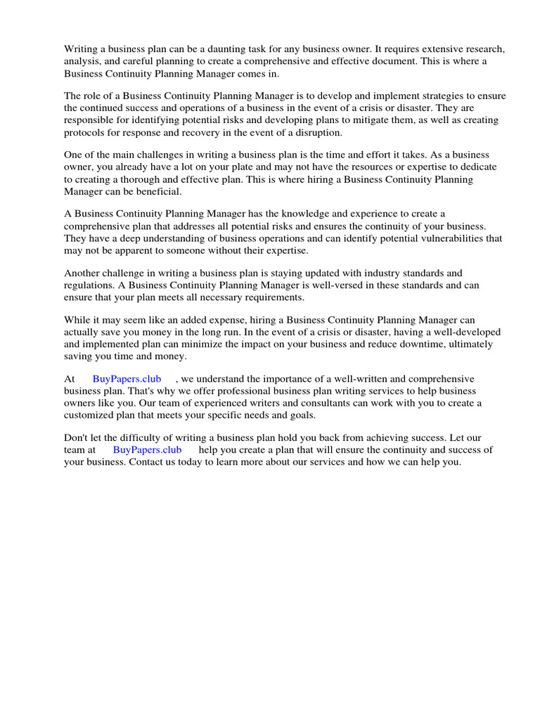 Business Continuity Planning Manager Job Description PDF Business