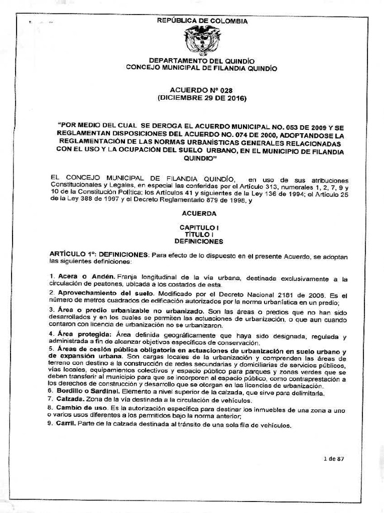 Acuerdo 028 de 2016 Código Urbanismo | PDF