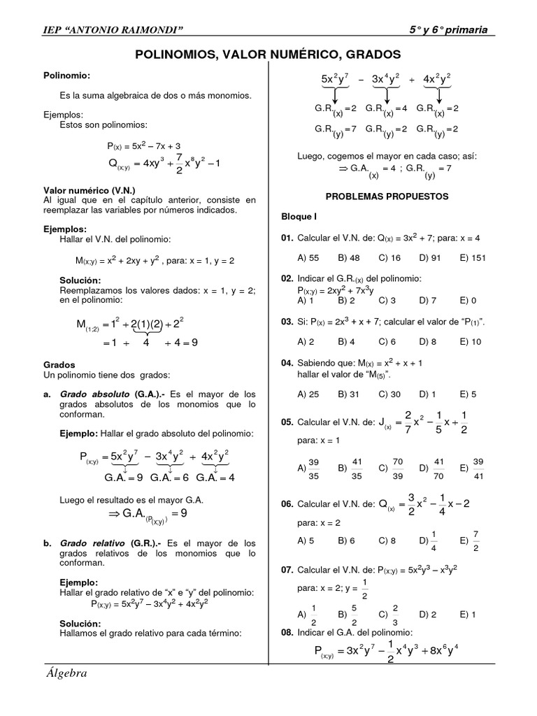 Polinomios, Valor Numérico, Grados | PDF | Algoritmos | Matemáticas