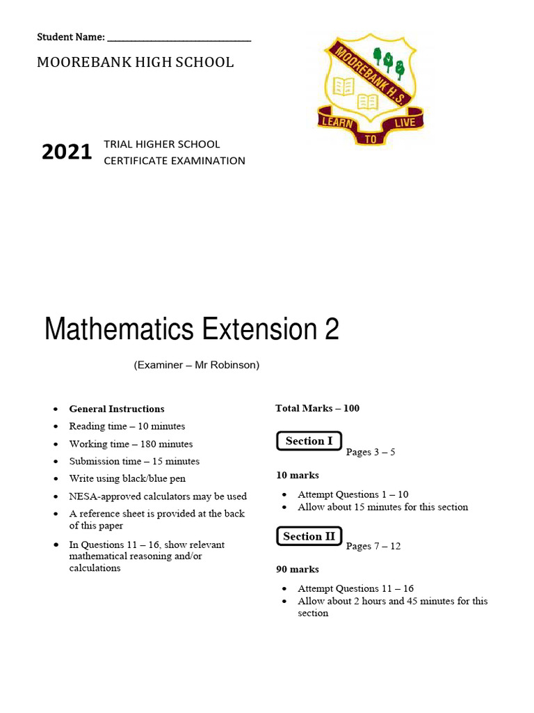 Moorebank 2021 Ext2 Task4 Trial - ExamV3 | PDF | Complex Number ...