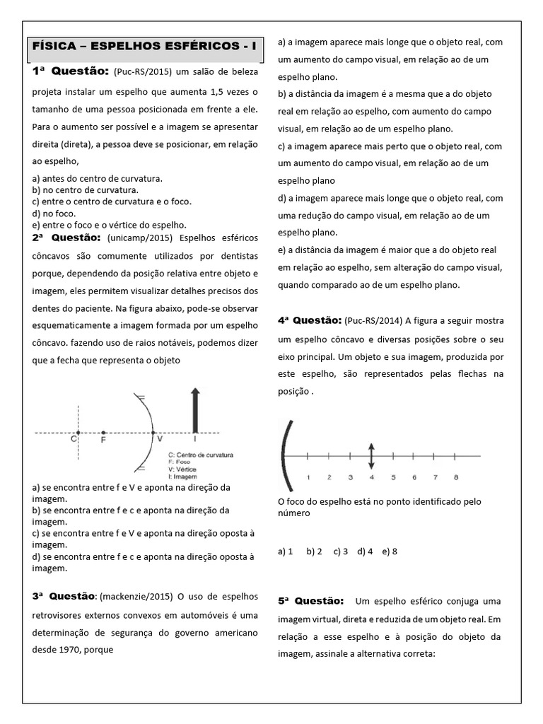 Questões sobre Espelhos Esféricos | PDF | Espelho