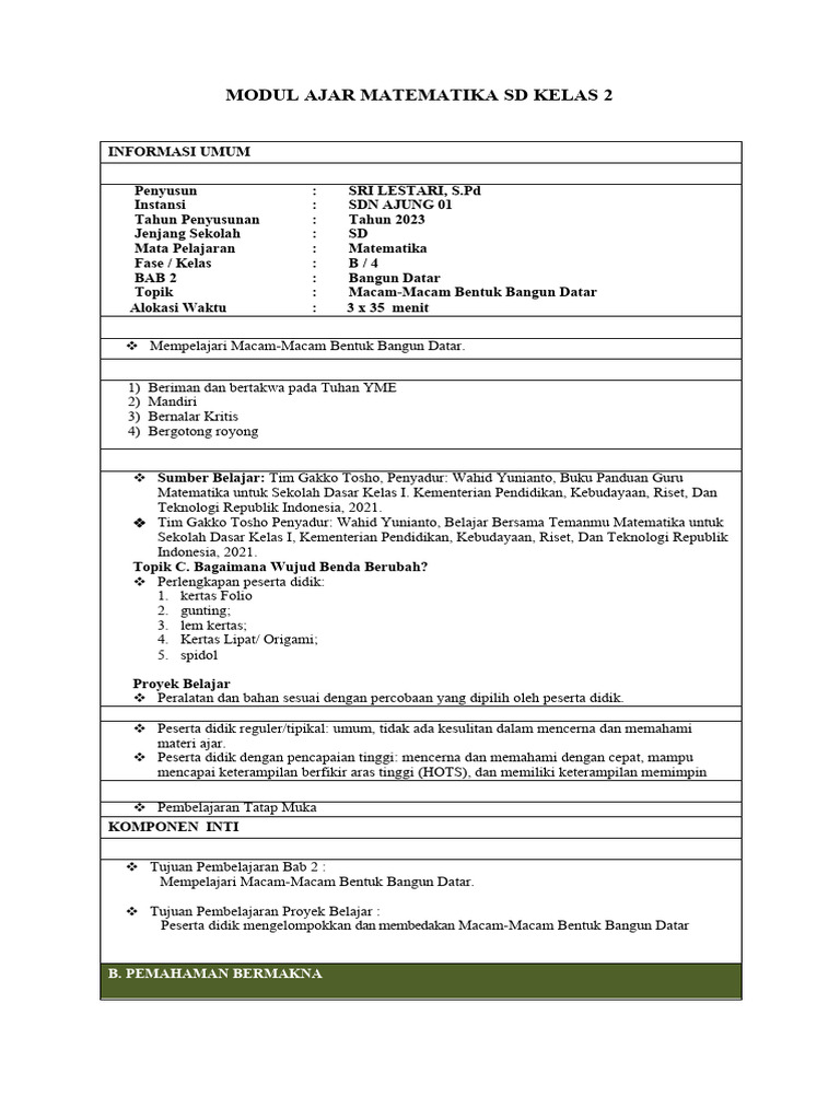 Modul Ajar Bangun Datar Kelas 2 SD | PDF | Karier & Perkembangan | Seni