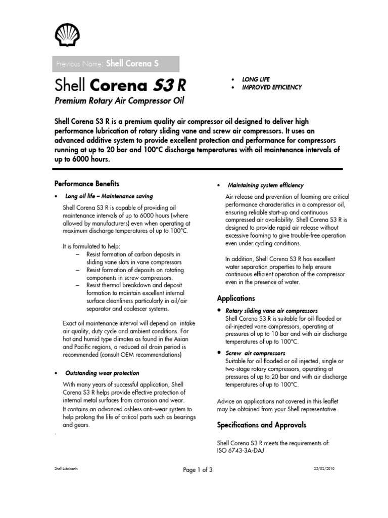 Shell Corena S3 R Compressor Oil Guide | PDF | Industrial Processes ...