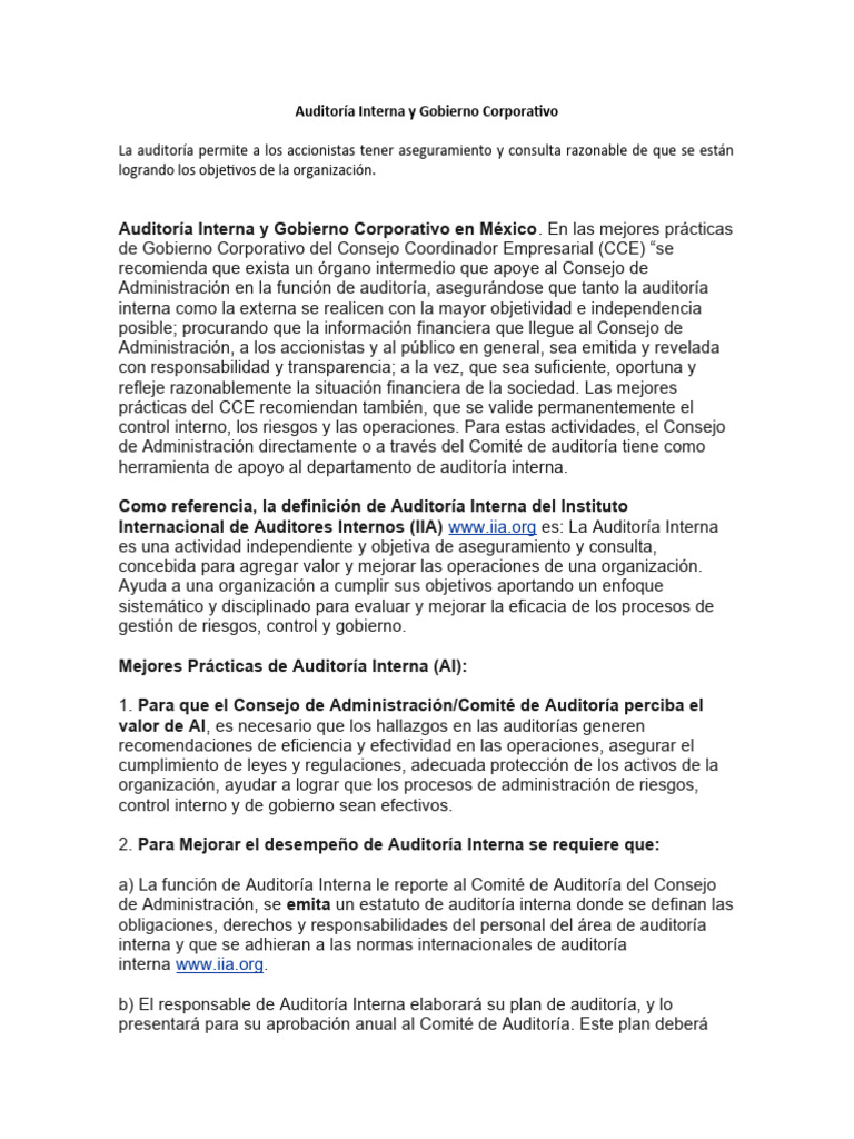 Auditoría Interna y Gobierno Corporativo | PDF | Auditoría | Gobierno ...