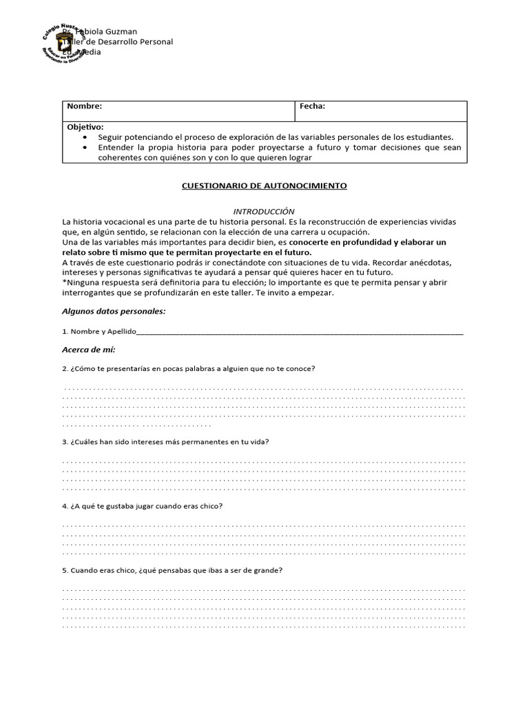Cuestionario de Autoconocimiento Personal | PDF | Ciencias sociales ...