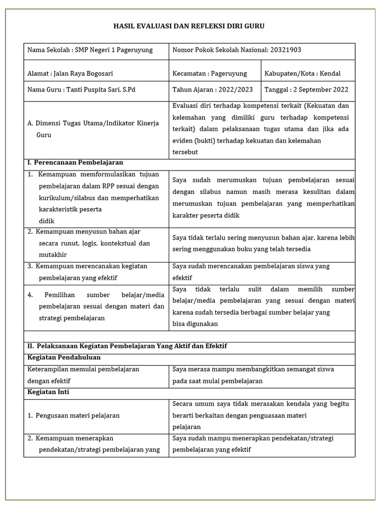 Evaluasi dan Refleksi Diri Guru SMP | PDF