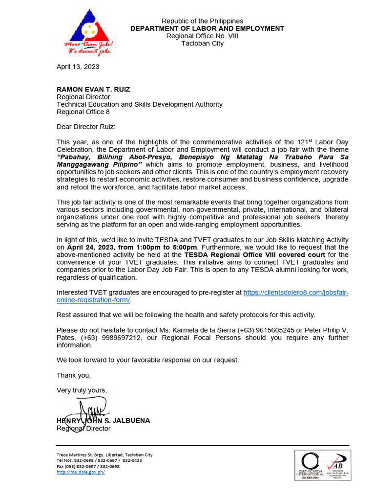 Tesda letter of request skills matching pdf employment business
