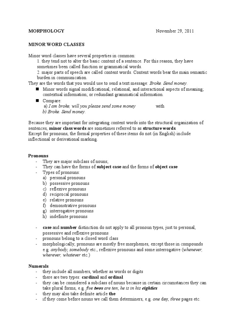 Major And Minor Word Classes