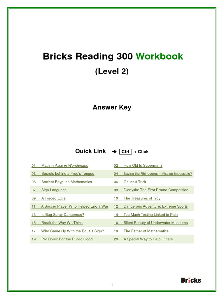 Bricks Reading 300 Answer Key | PDF | Language Arts & Discipline ...