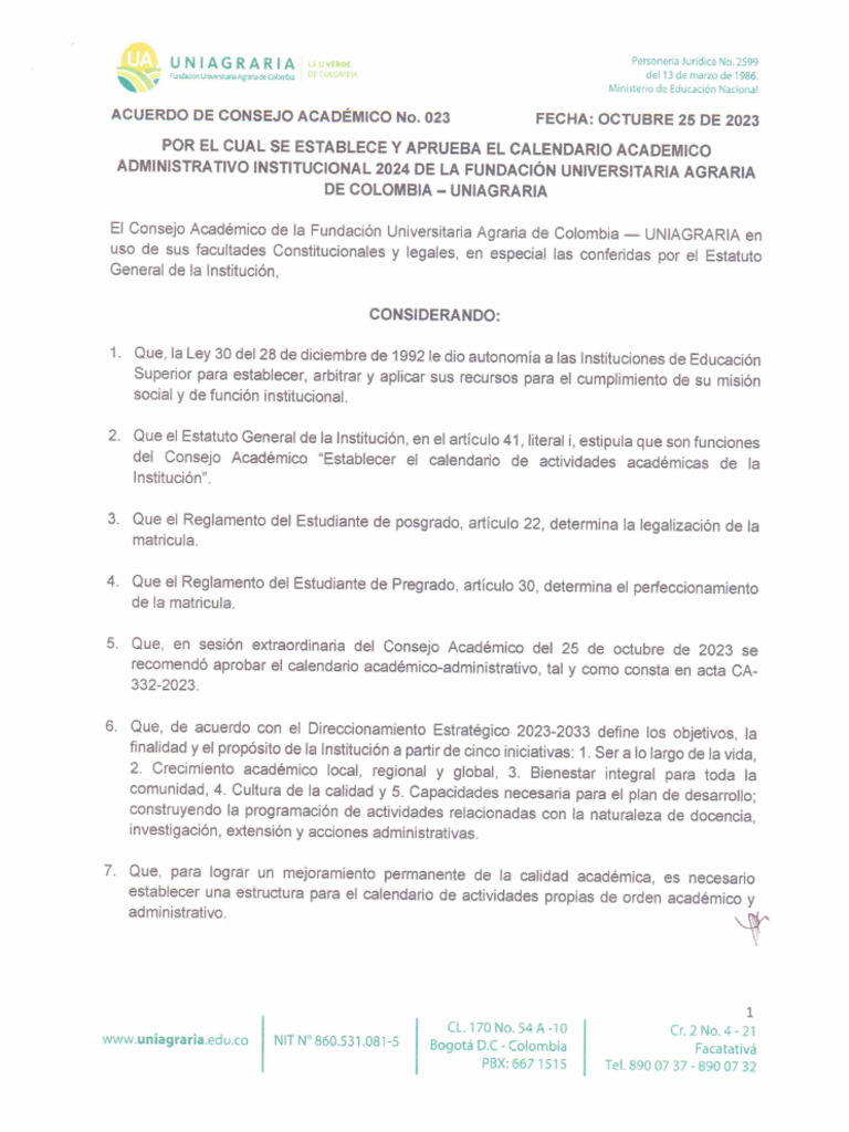 Acuerdo No 023 CalendarioAcademicoAdministrativo2024 | PDF