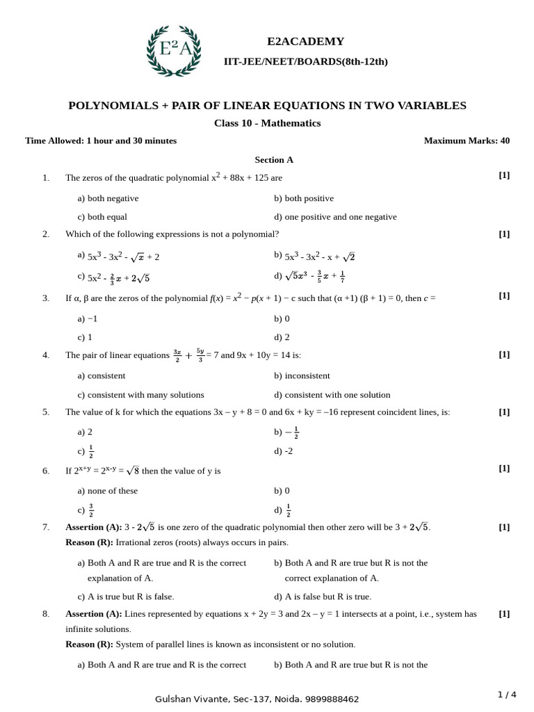 Polynomials + Linear equations Test PDF Polynomial Equations